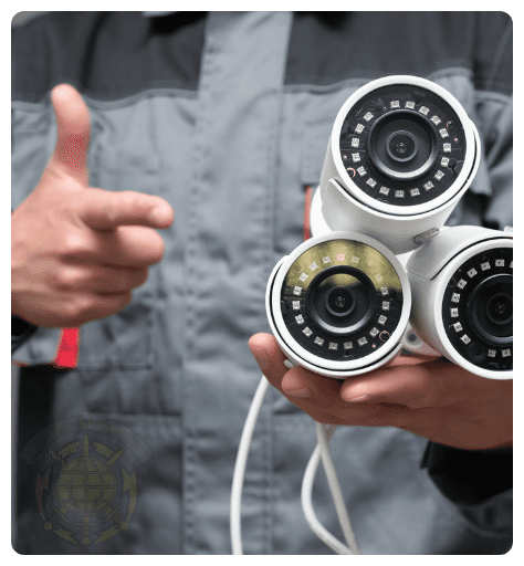A sleek CCTV surveillance camera held firmly in both hands, captured in a professional studio-style shot with focus on the lens and subtle branding on the technician’s jacket.