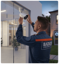 Security expert from Badge Security adjusting a monitoring device inside a property, ensuring optimal indoor protection and surveillance