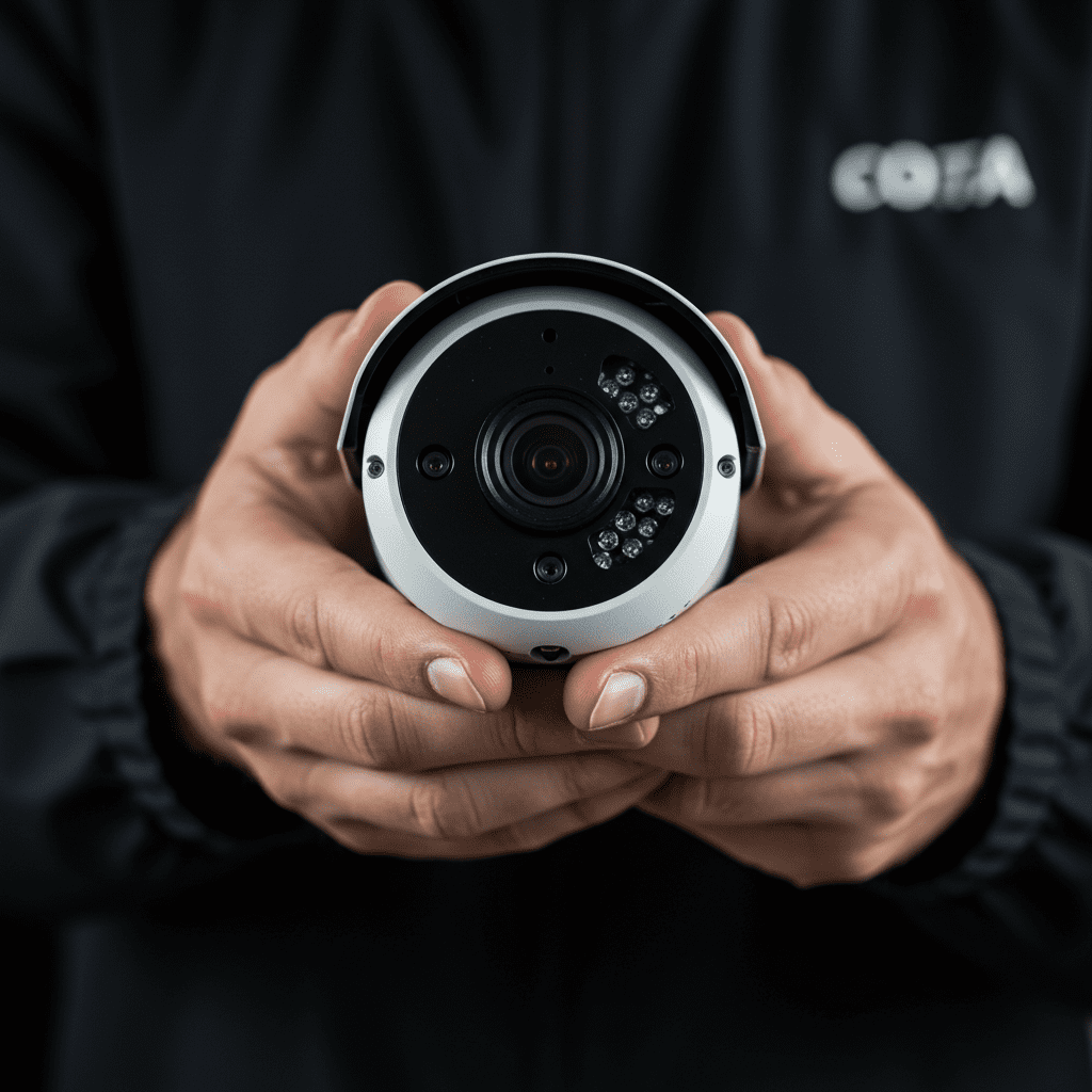 high end cctv camera holded by a technicain