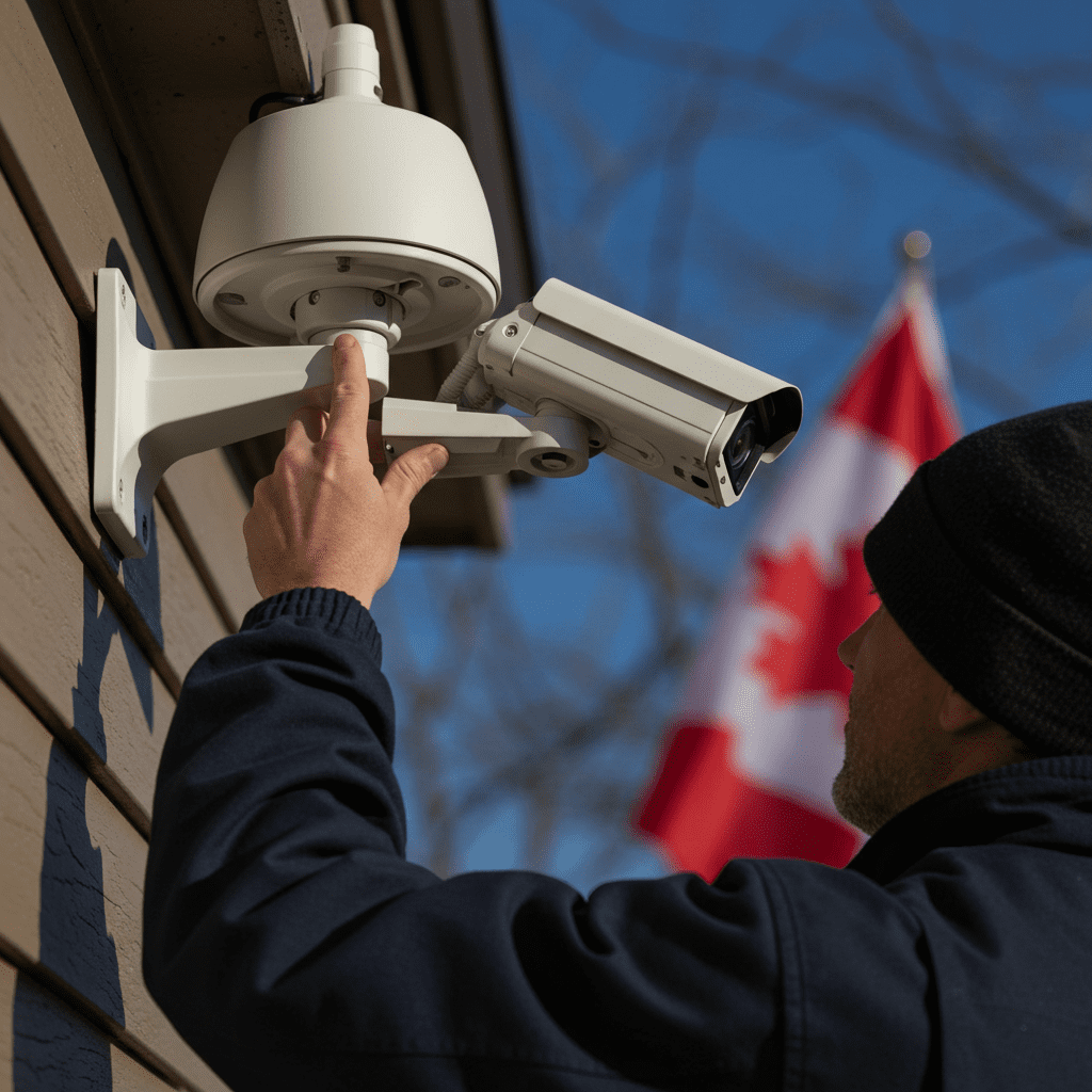 a man fixing a camera on a house